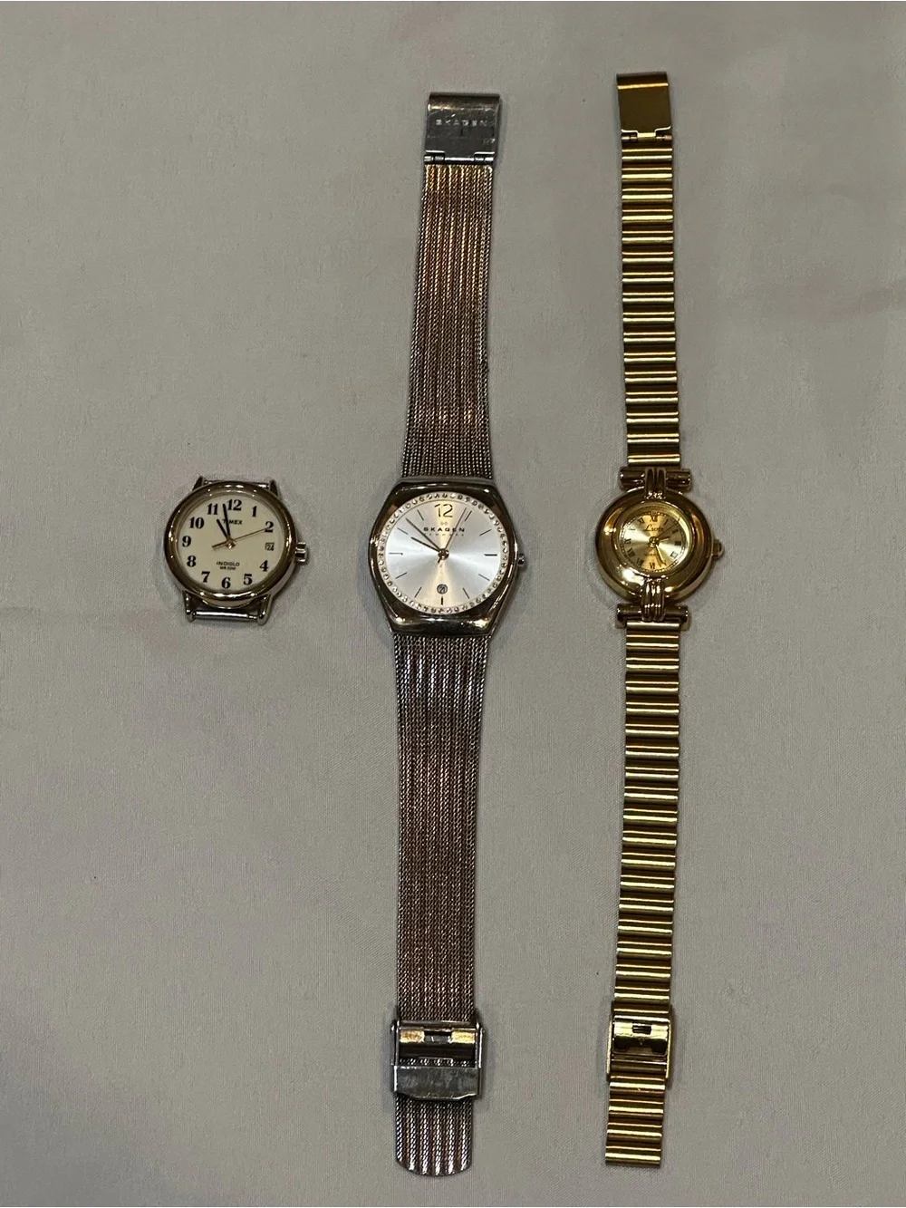 Watch Bundle: Timex Face, Two Tone Skagen and Gold Tone Lotus. Vintage inspired.